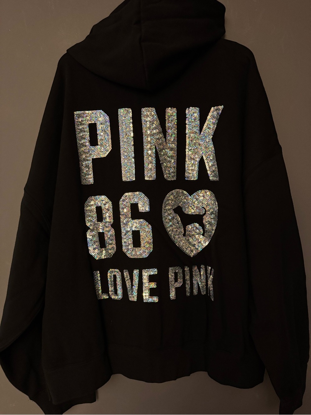VS PINK CAMPUS FLEECE FULL ZIP HOODIE SWEATSHIRT BLACK BLING 86 LOVE HEART NWT - Picture 5 of 8